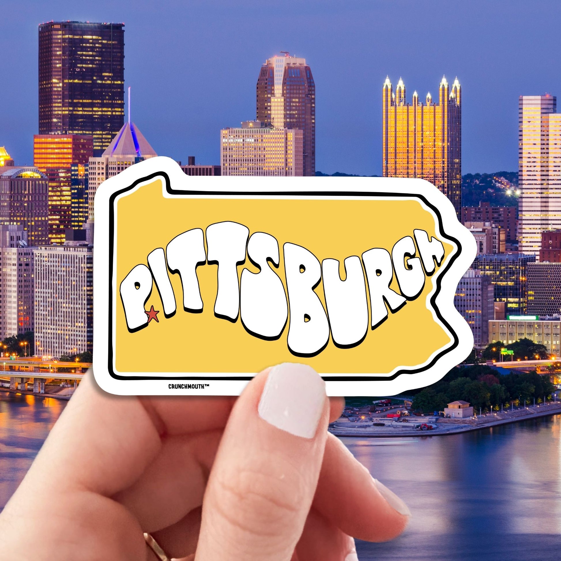 pittsburgh travel luggage sticker, hand display, pittsburgh skyline background