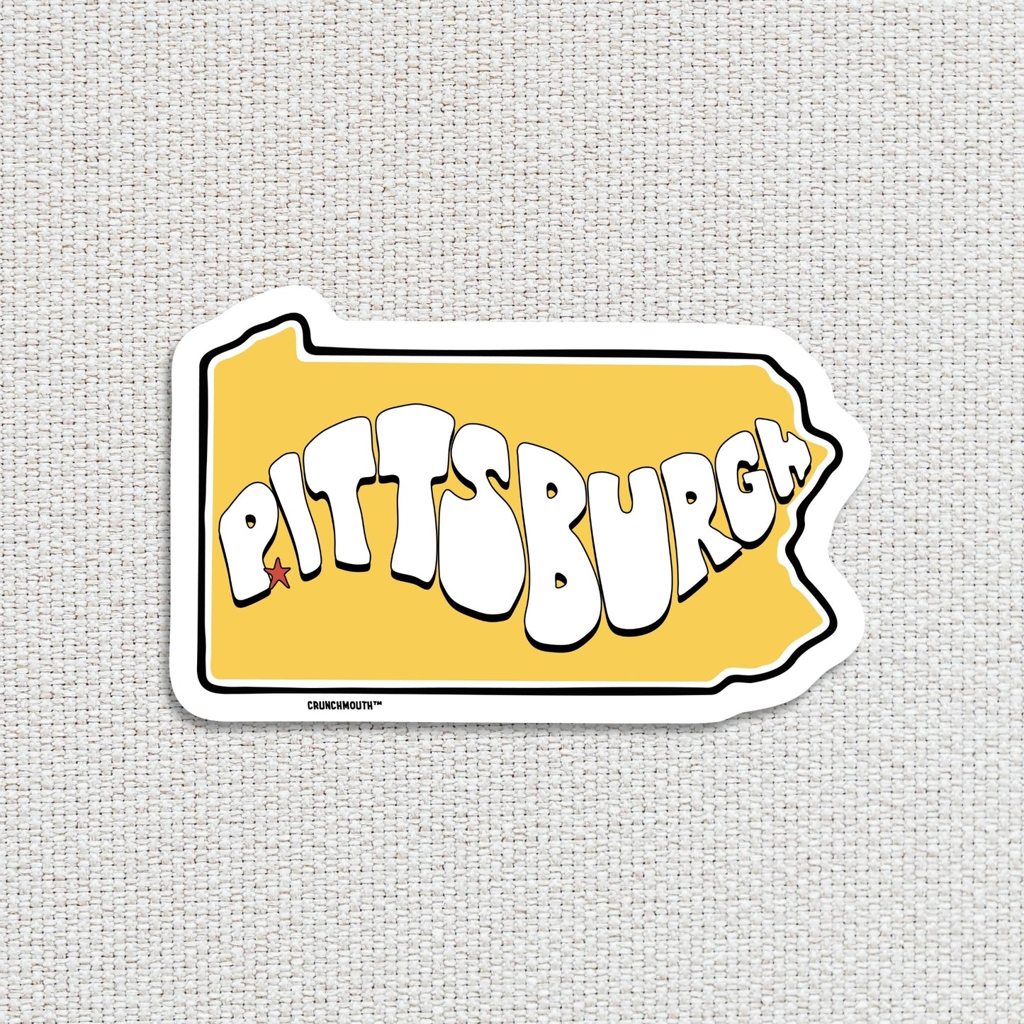 pittsburgh travel luggage sticker, hand display, textured fabric background