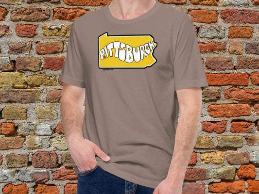 pittsburgh t shirt, front, male, red brick wall background