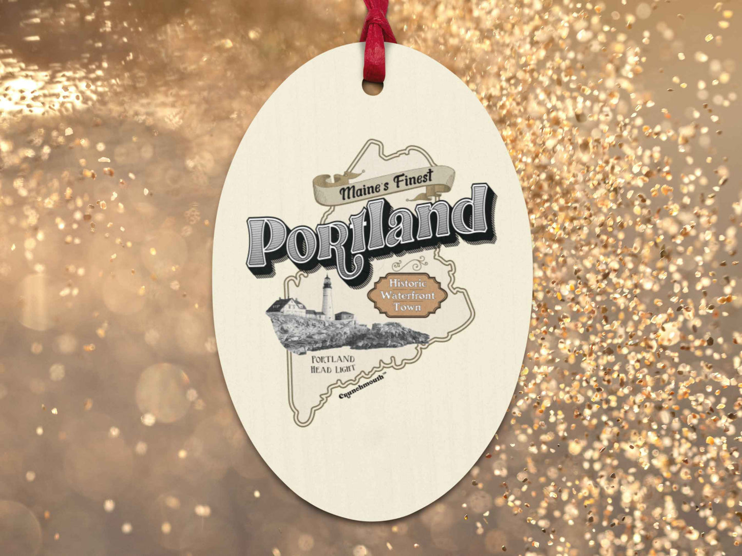 portland maine Christmas ornament, back, gold sparkle background