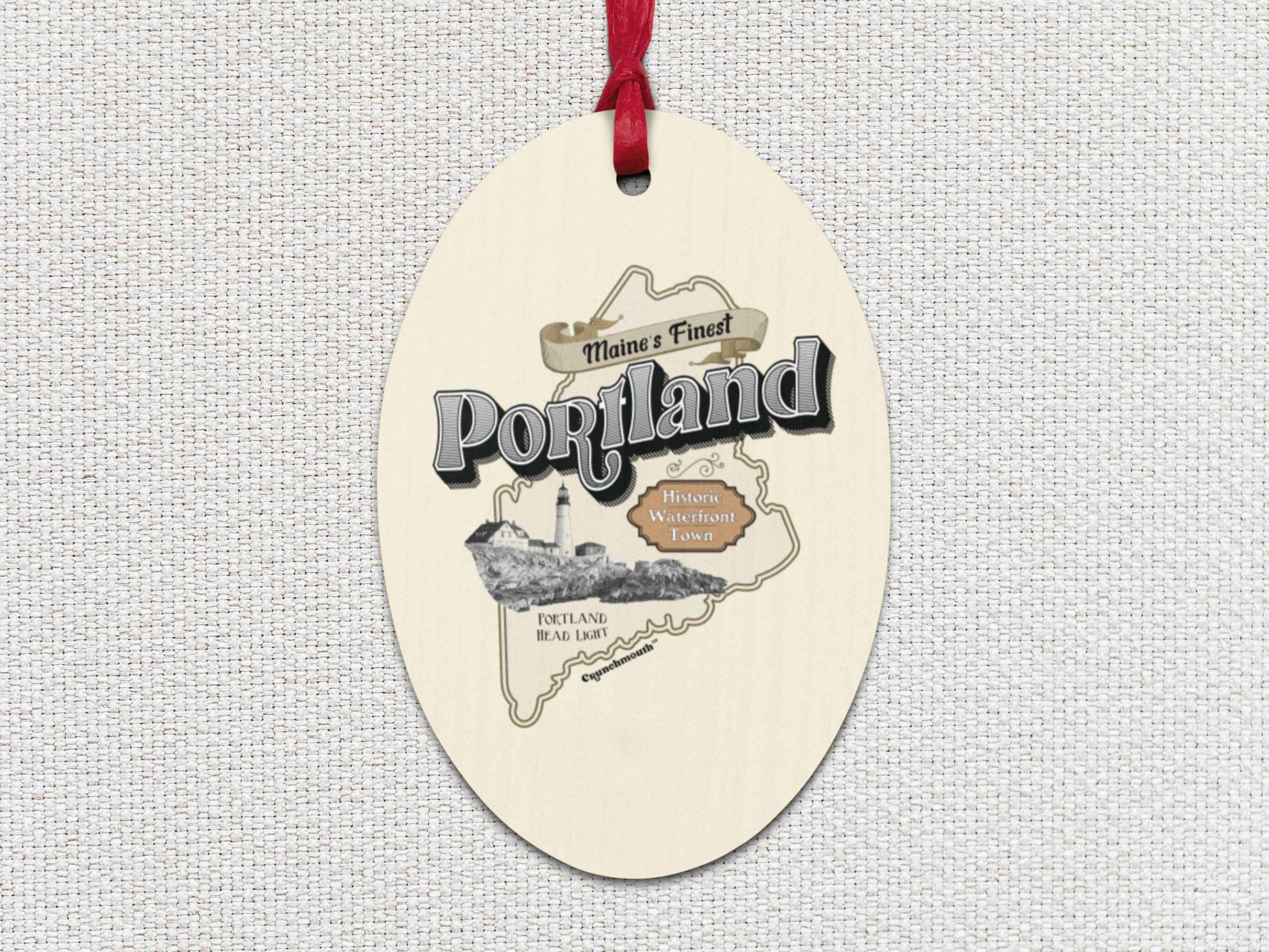 portland maine Christmas ornament, front, white textured background