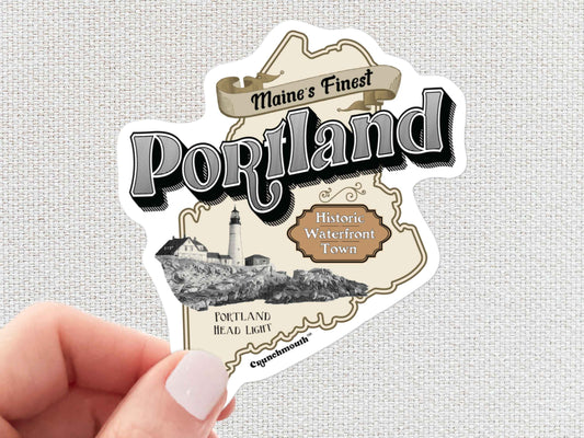 portland maine sticker, hand display, white textured background