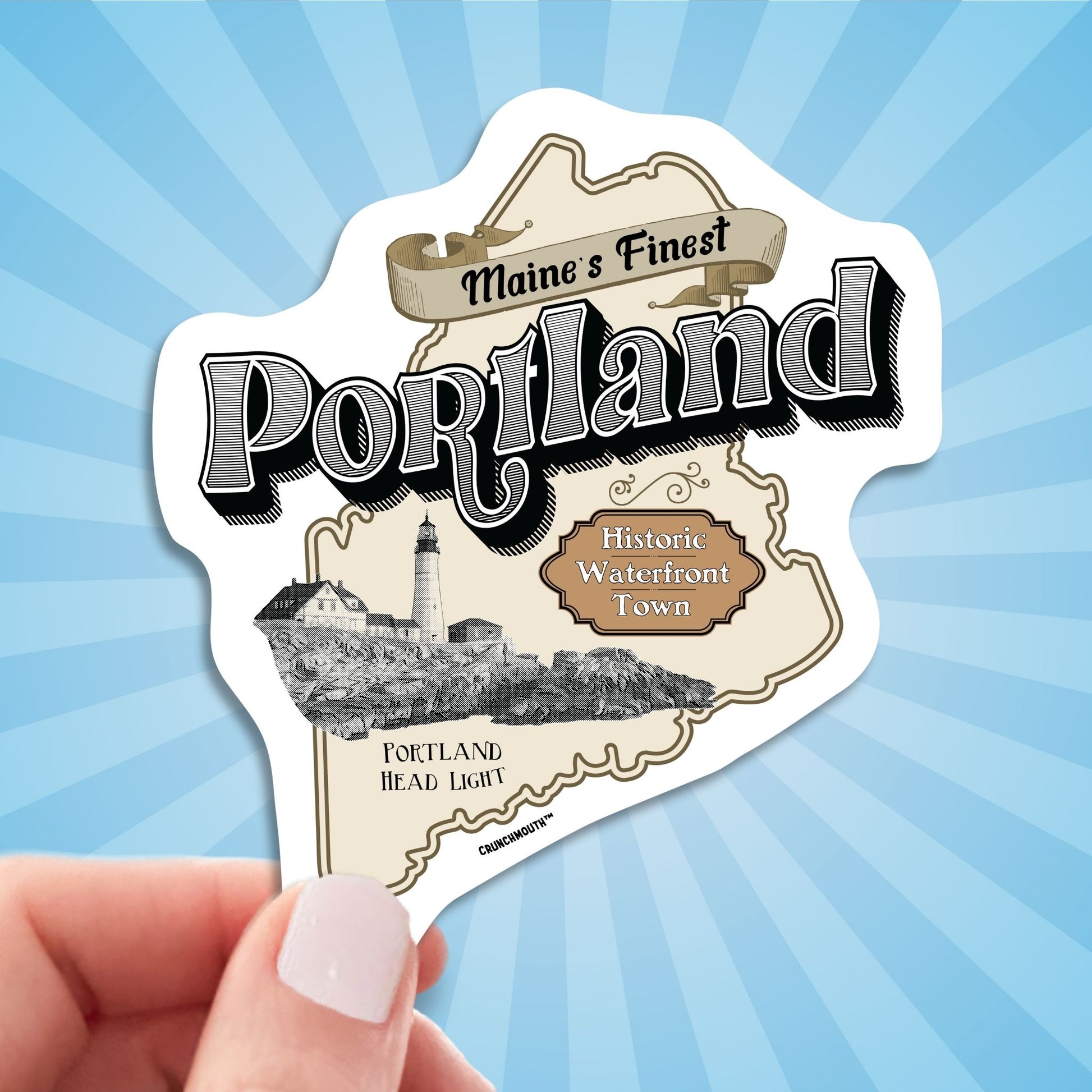 portland maine travel luggage sticker, hand display, sun rays design background