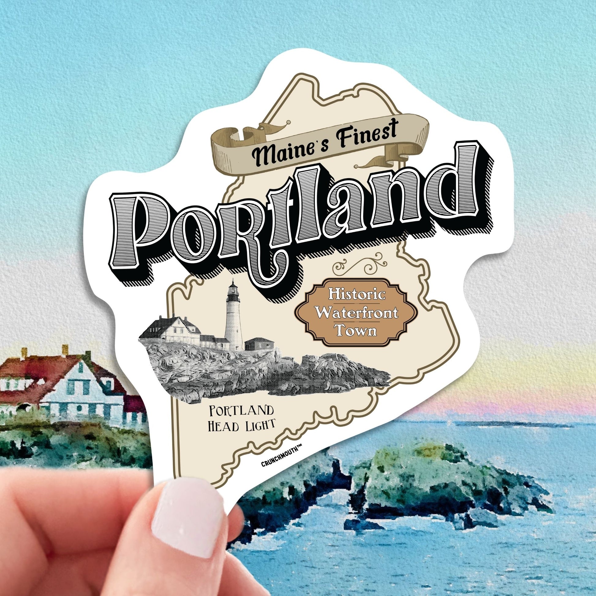 portland maine travel luggage sticker, hand display, portland head light lighthouse background