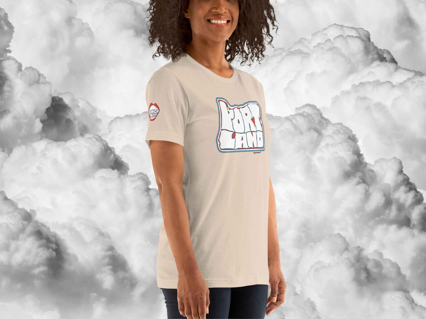 portland oregon shirt, souvenir t shirts, female model, front right, puffy white cloud background