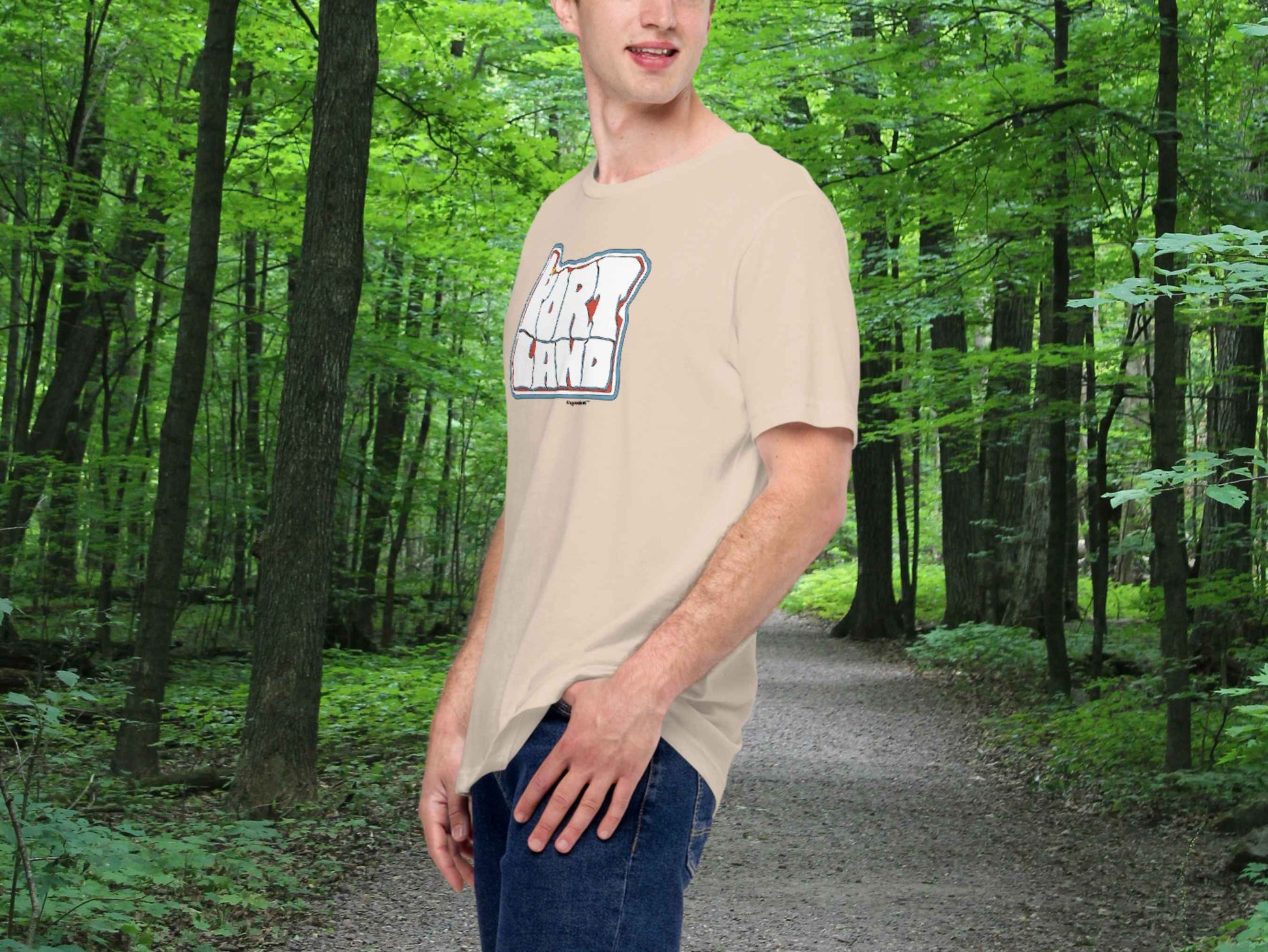 portland oregon shirt, souvenir t shirts, male model, front left, forest trail background