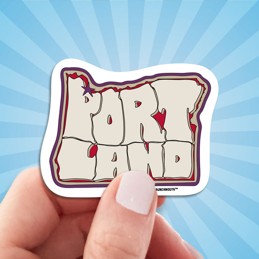 Portland Oregon travel luggage sticker, hand display, sun rays design background
