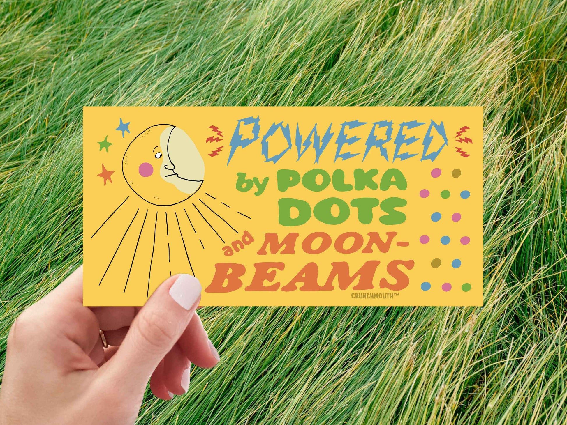 powered by polka dots and moonbeams bumper sticker, funny bumper stickers, hand display, green grass background