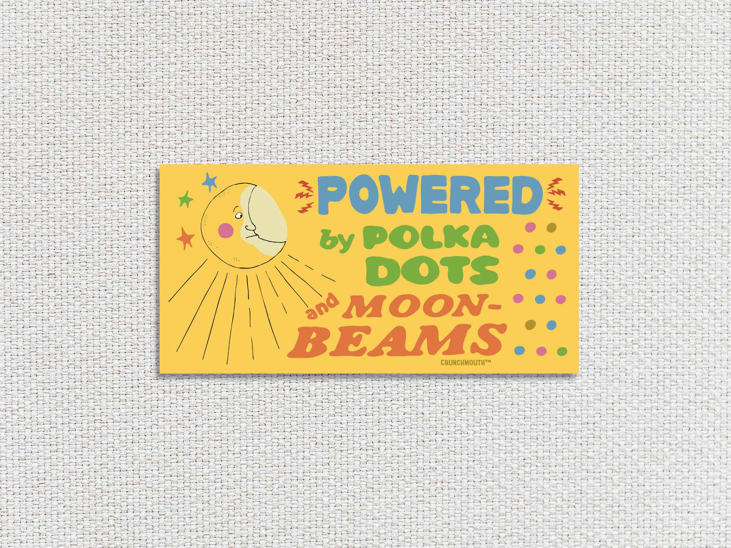 powered by polka dots and moonbeams bumper sticker, white textured background