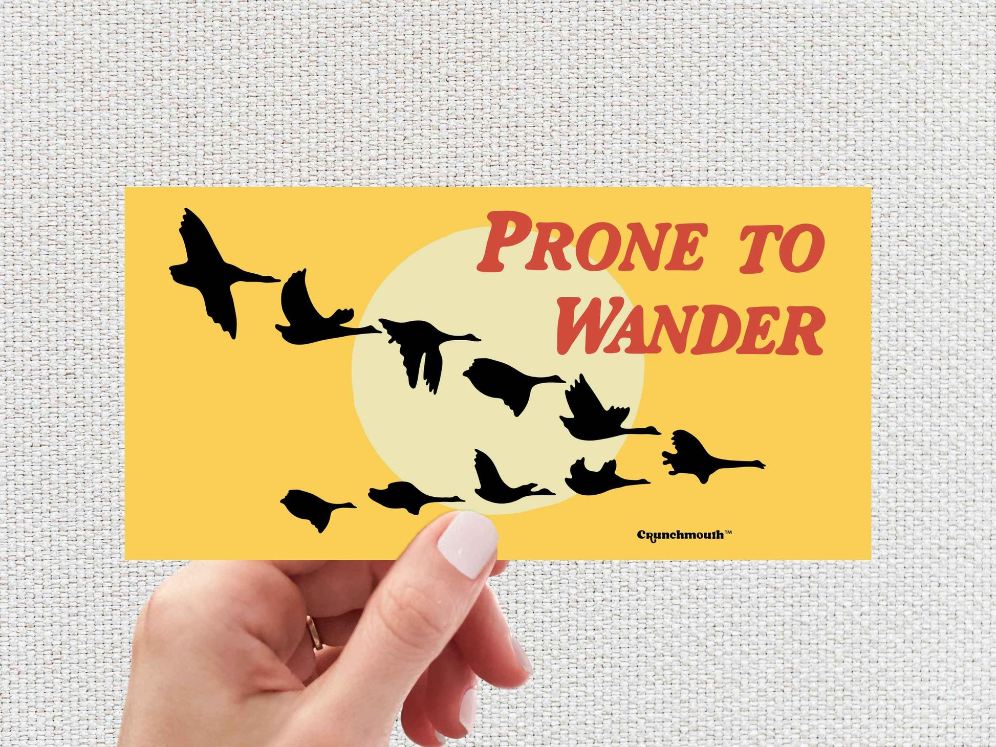 prone to wander bumper sticker, wild geese in the west, hand display, white textured background