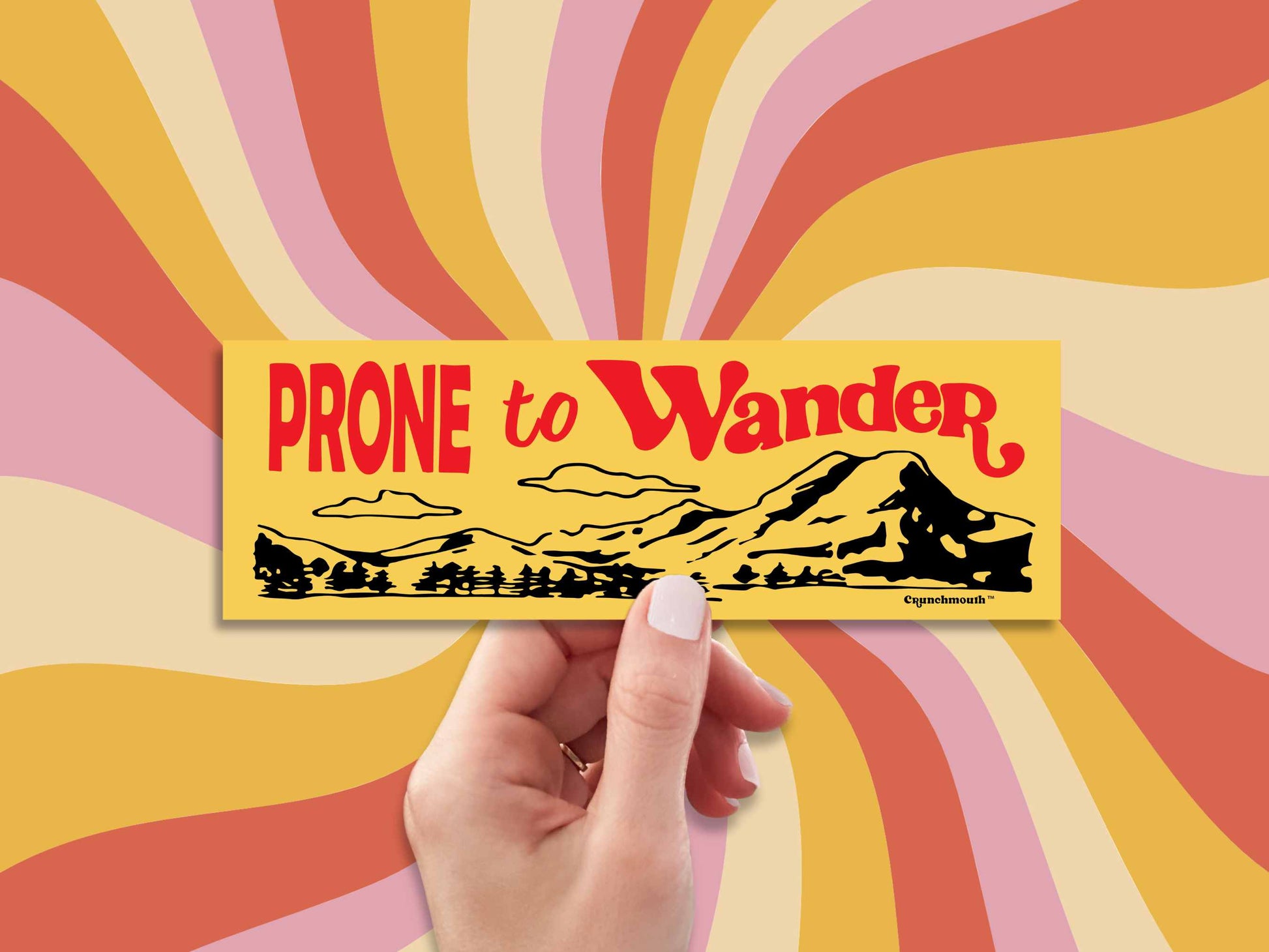prone to wander bumper sticker, hand display, swirl pattern background