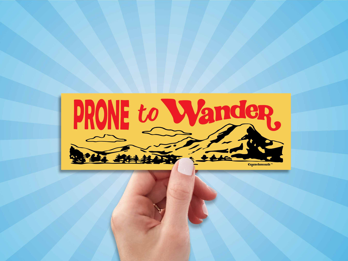 prone to wander bumper sticker, hand display, sun rays design background