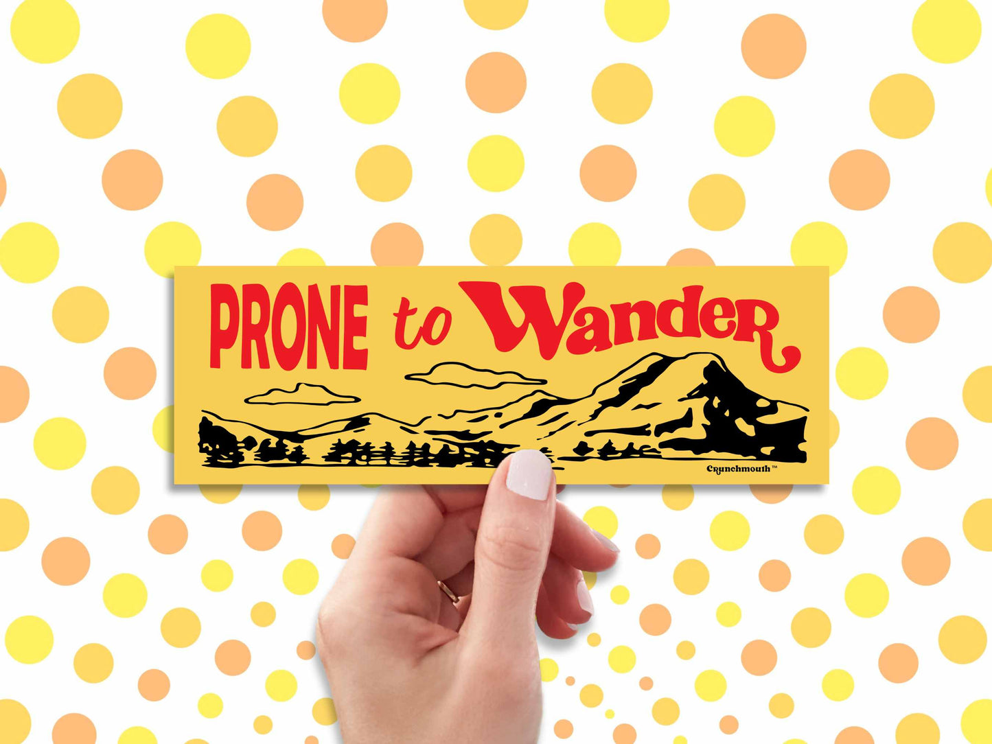 prone to wander bumper sticker, hand display, polka dot rays background