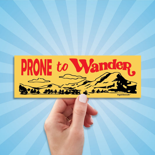 prone to wander bumper sticker, yellow color, hand display, sun rays design background