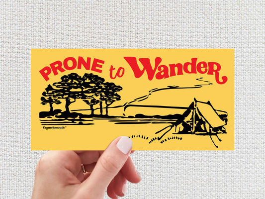 prone to wander bumper sticker, tent camping, hand display, white textured background