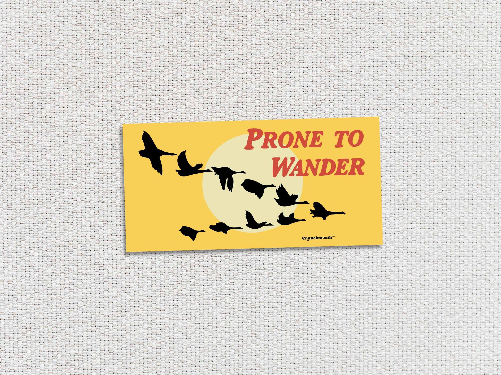 prone to wander bumper sticker, white textured background