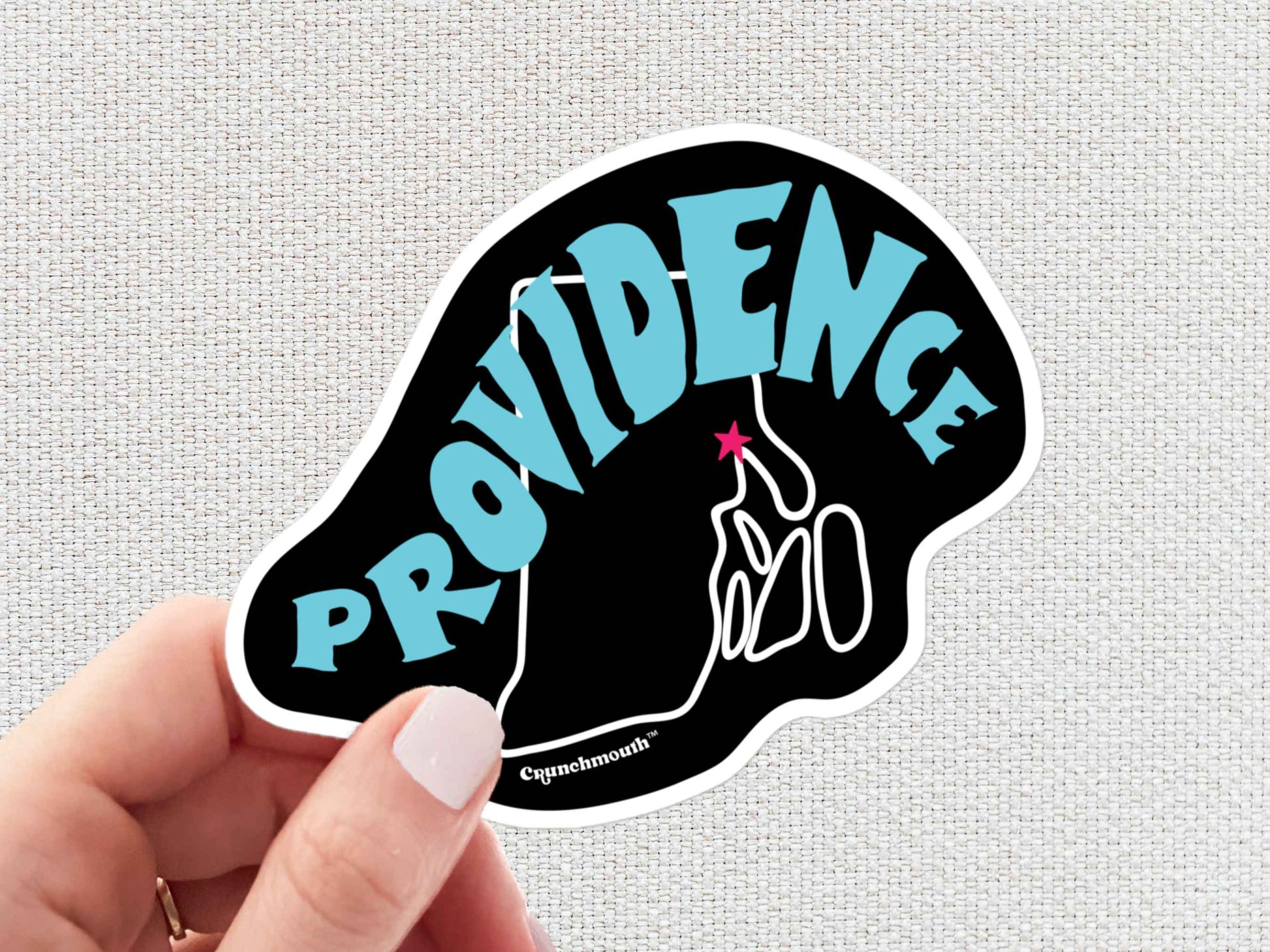 providence sticker, hand display, white textured background