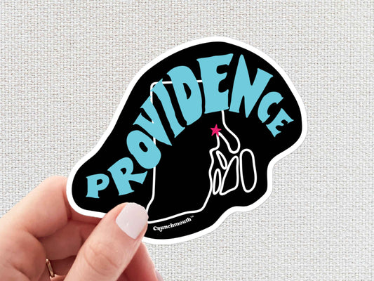 providence sticker, hand display, white textured background