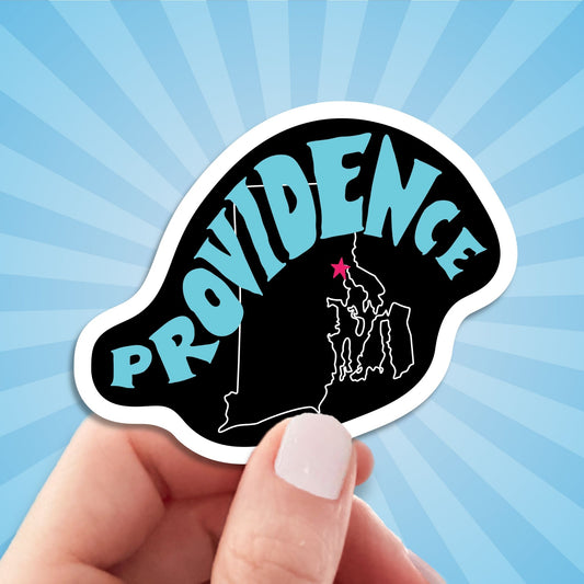 providence travel luggage sticker, hand display, sun rays design background

