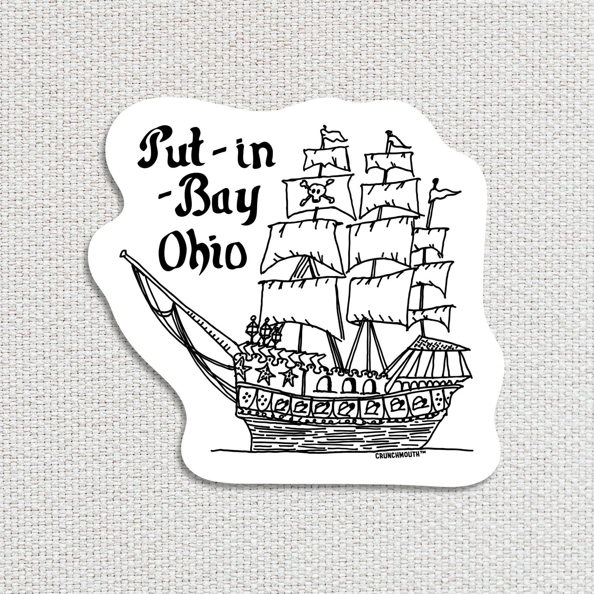 put-in-bay pirate ship travel luggage sticker, textured fabric background