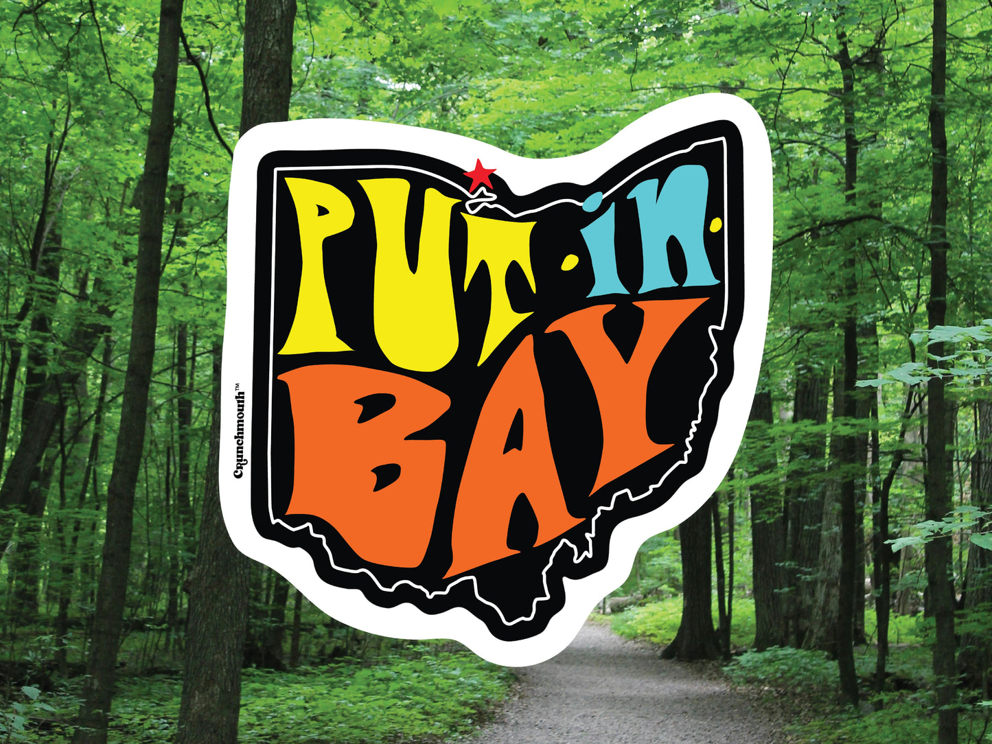 put in bay road trip sticker, forest background