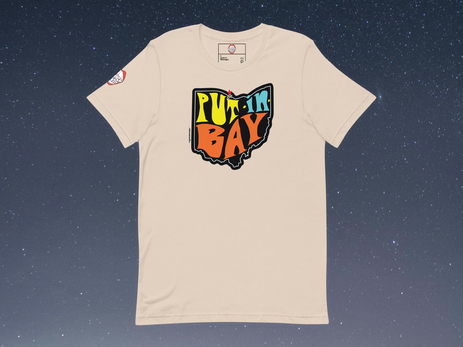 put in bay tee, flat, front, starry night sky background