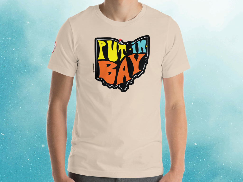 put-in-bay ohio t-shirt, front, male, blue sky background