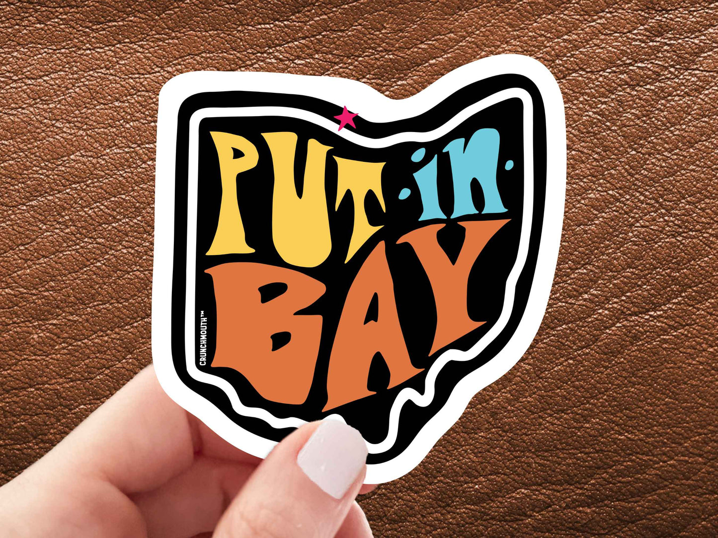 put in bay sticker, hand display, brown leather background