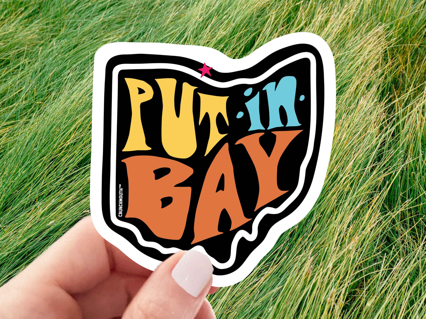 put in bay sticker, hand display, green grass background