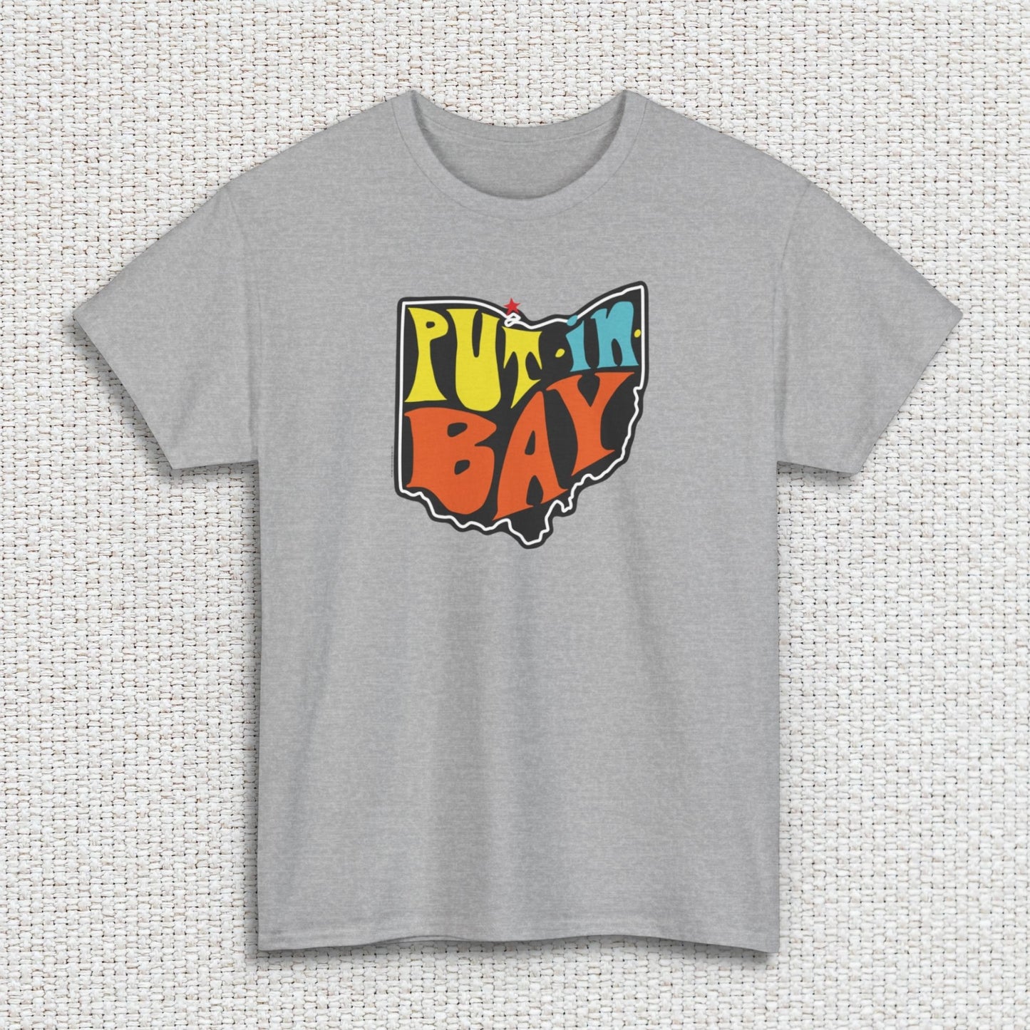 put in bay souvenir t-shirt, sport grey color, white textured fabric background