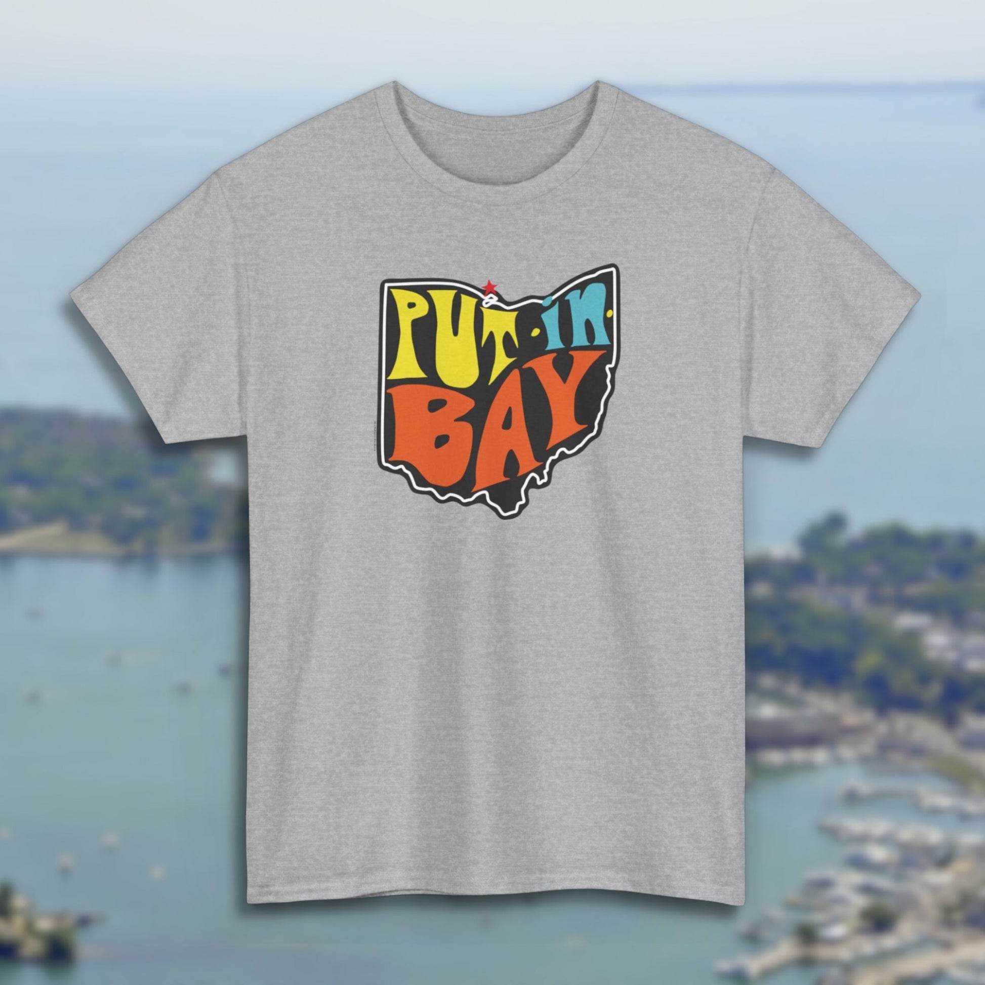 put in bay souvenir t-shirt, sport grey color, marina background