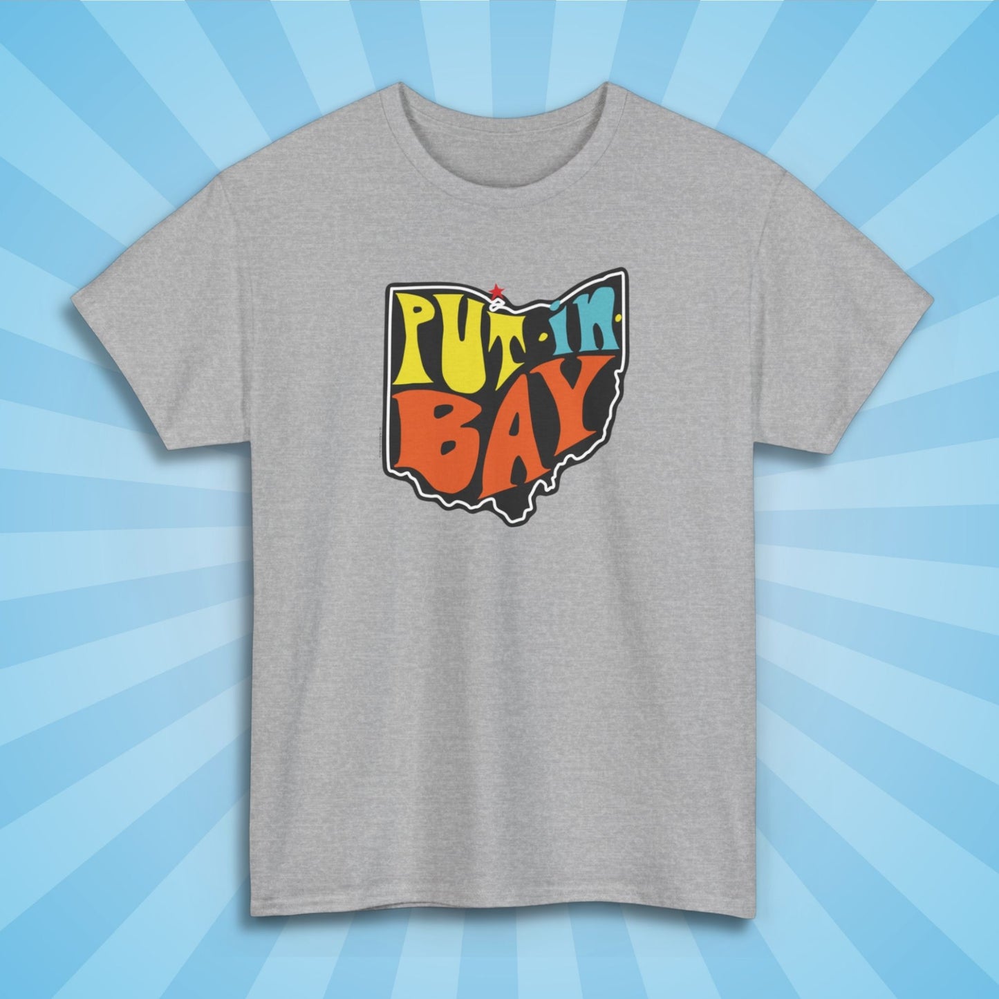 put in bay souvenir t-shirt, sport grey color, sun rays design background