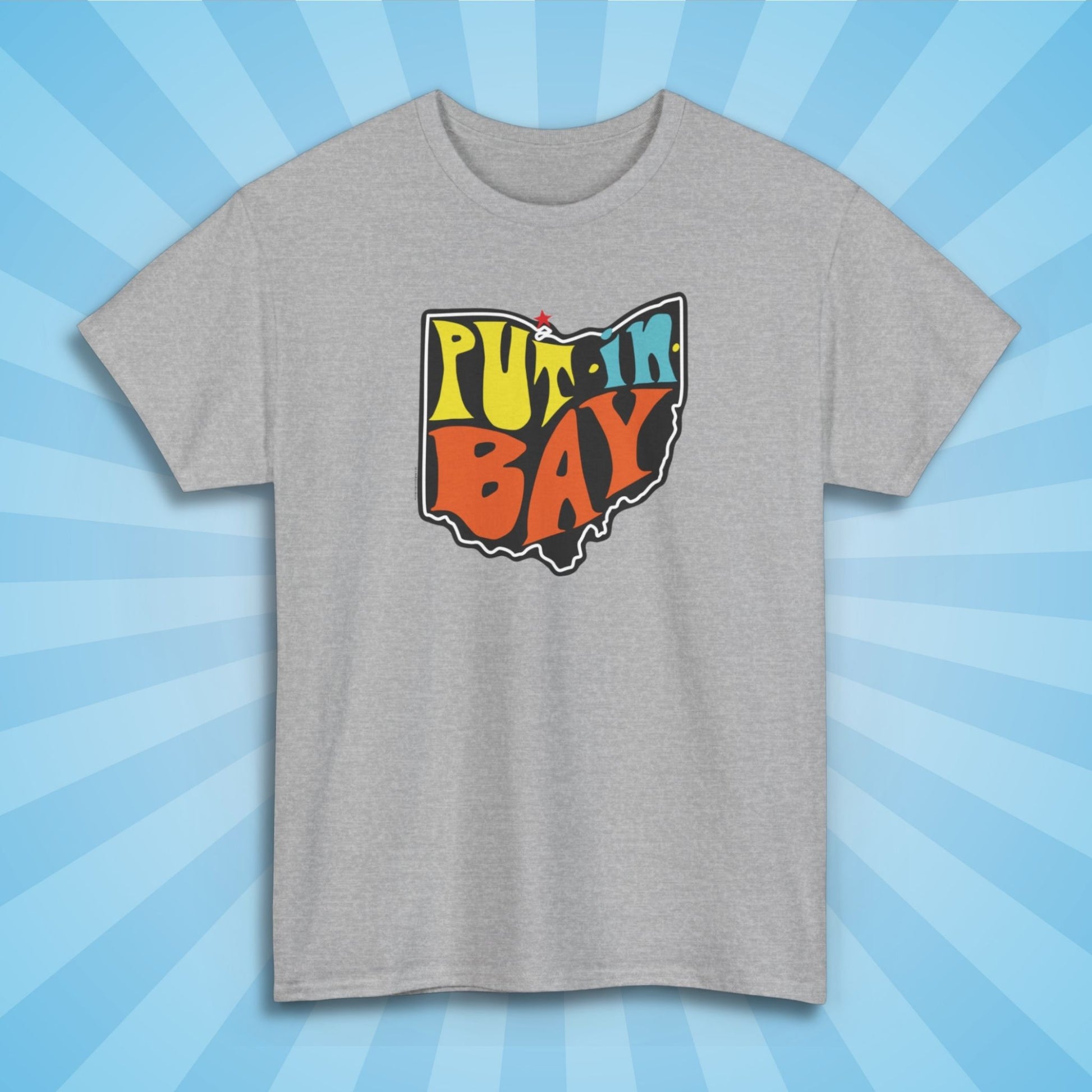 put in bay souvenir t-shirt, sport grey color, sun rays design background