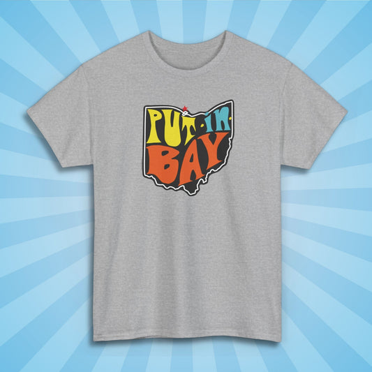 put in bay souvenir t-shirt, sport grey color, sun rays design background