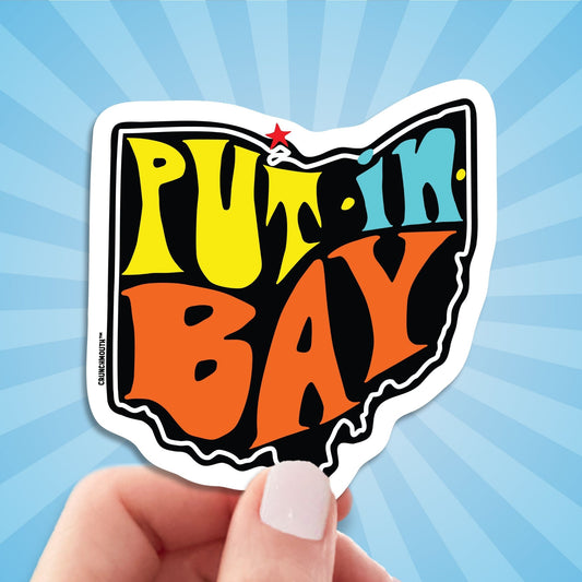 put-in-bay travel luggage sticker, hand display, sun rays design background