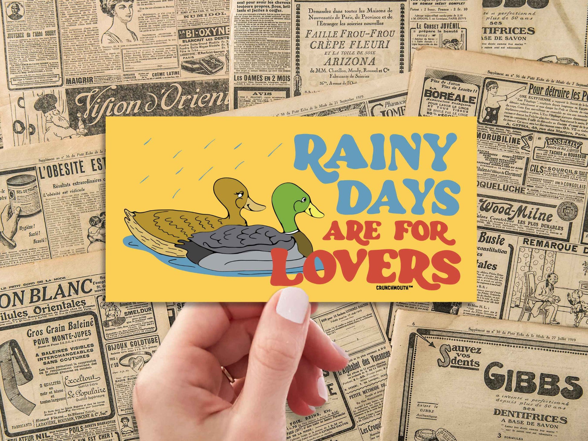 rainy days are for lovers mallard duck bumper sticker, hand display, vintage newspaper advertisements background