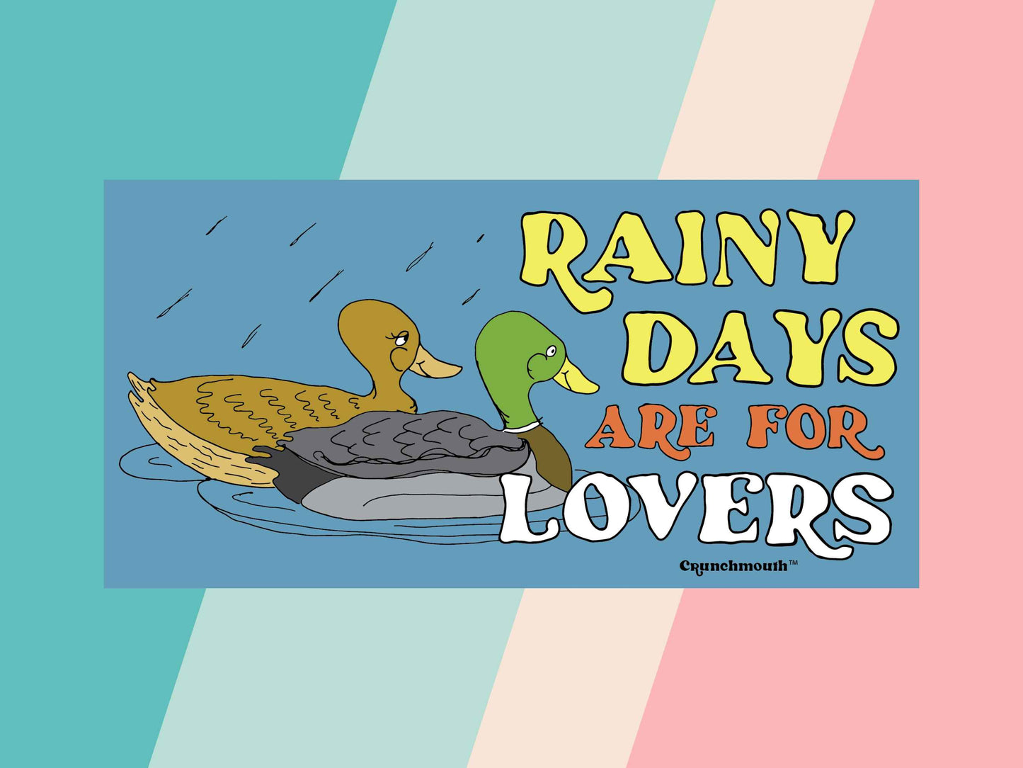 mallard duck sticker, rainy days are for lovers, pastel stripe background