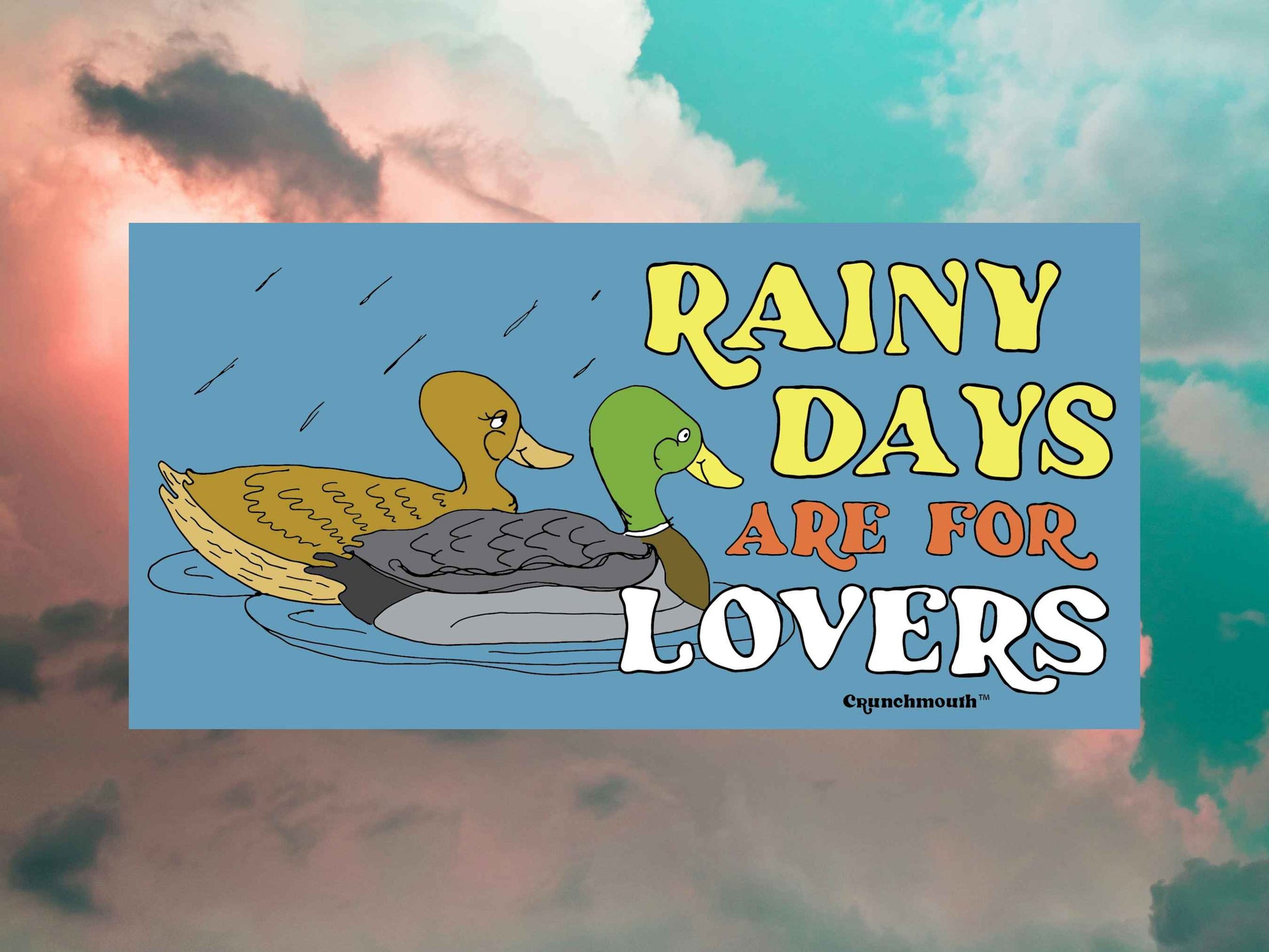 mallard duck sticker, rainy days are for lovers, cloud sky background