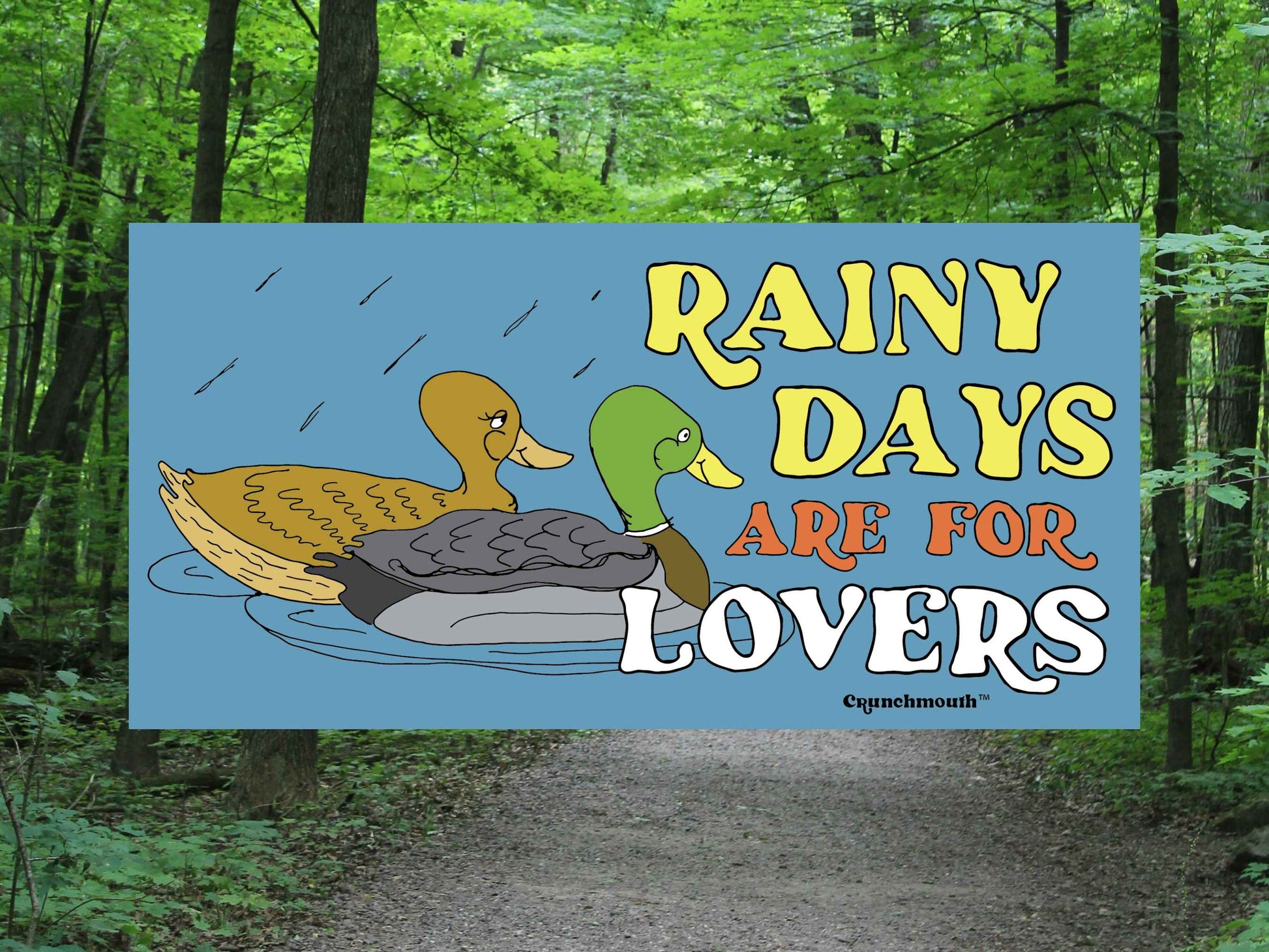 mallard duck sticker, rainy days are for lovers, forest trail background