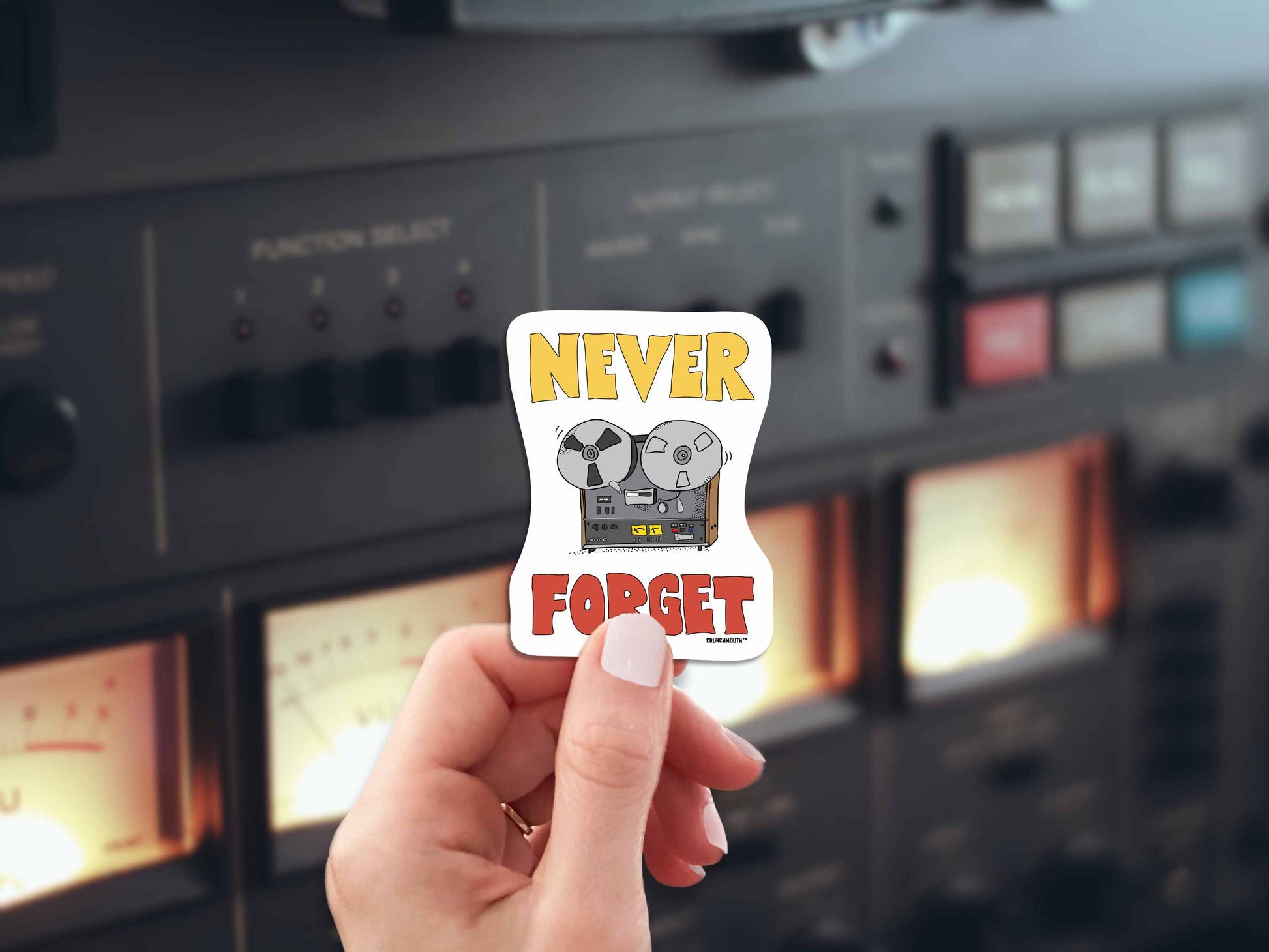 reel-to-reel player never forget sticker, hand display, reel to reel player background
