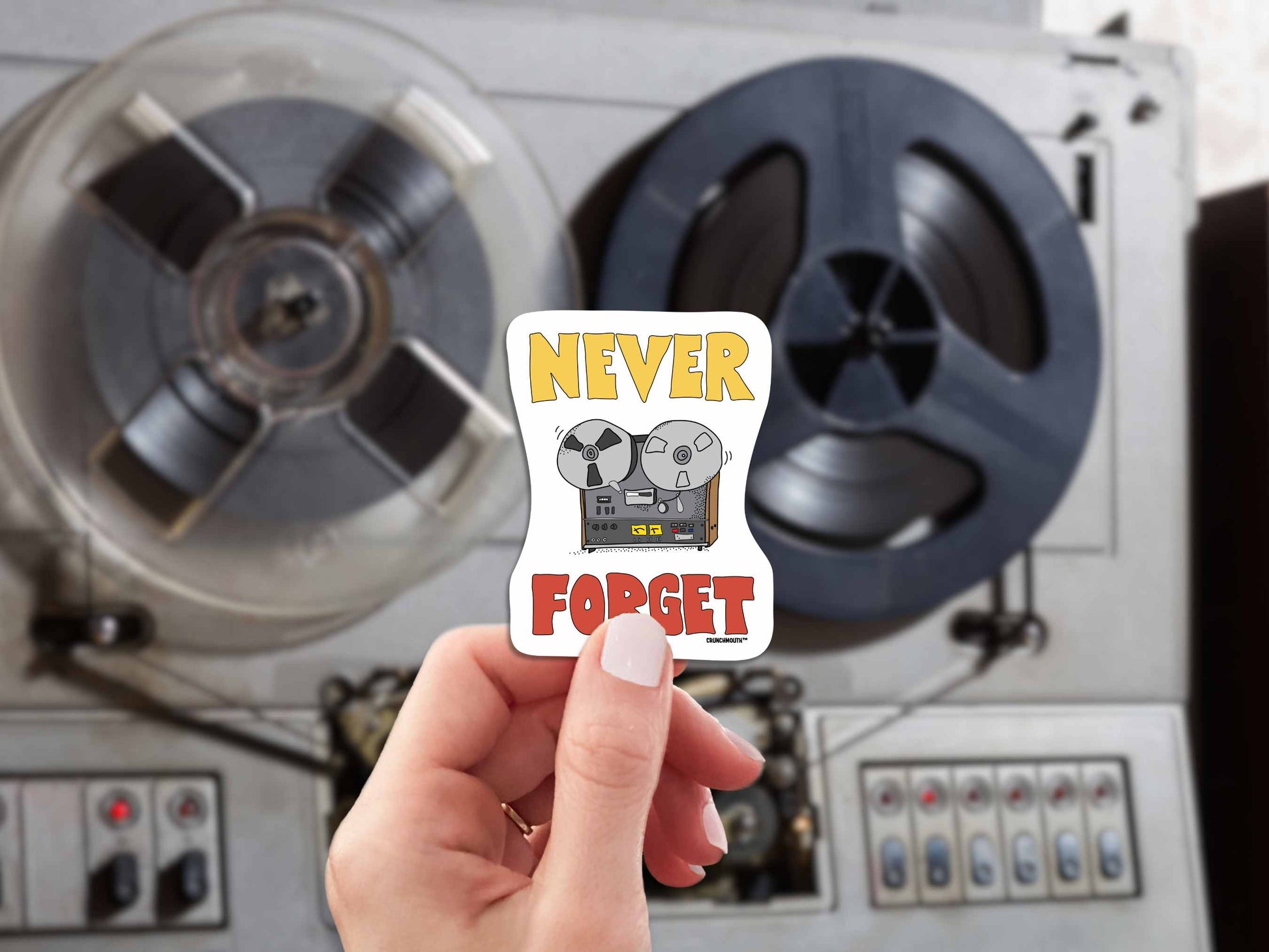 reel-to-reel player never forget sticker, hand display, reel to reel player background