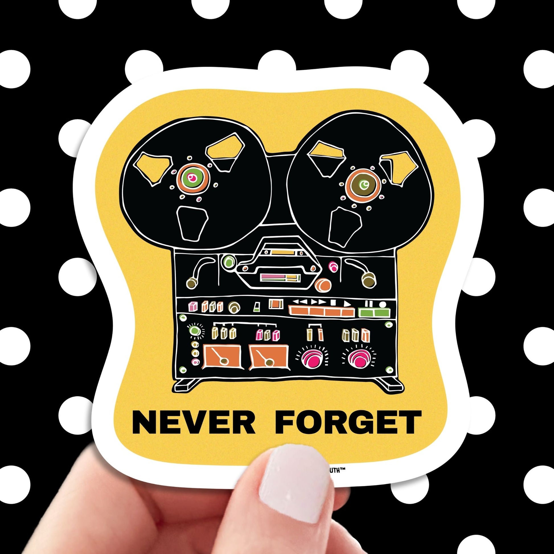 reel-to-reel-tape-player-recorder-sticker, hand display, polka dots pattern design background

