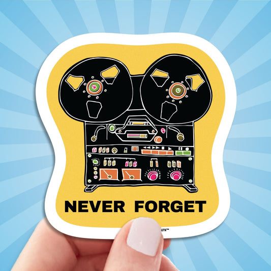 reel-to-reel-tape-player-recorder-sticker, hand display, sun rays design background
