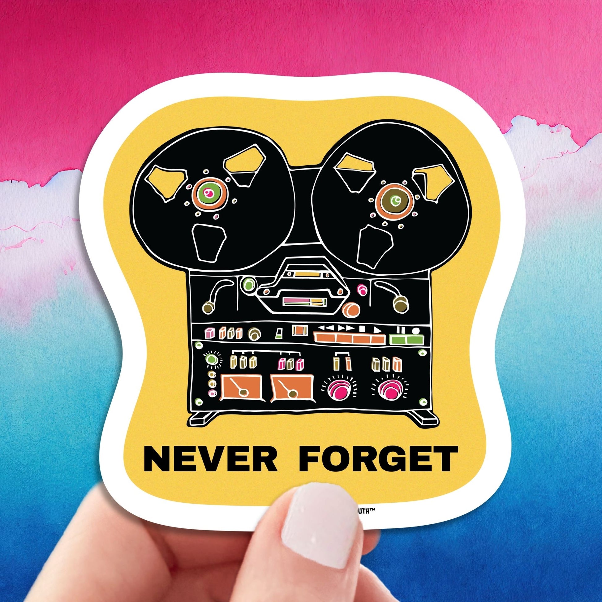 reel-to-reel-tape-player-recorder-sticker, hand display, retro design background
