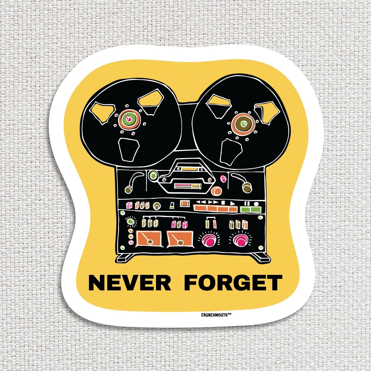 reel-to-reel-tape-player-recorder-sticker, textured fabric background
