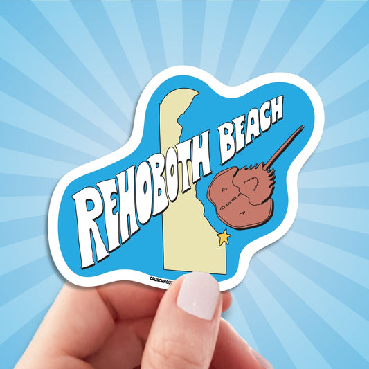 Rehoboth beach travel luggage sticker, hand display, sun rays design background
