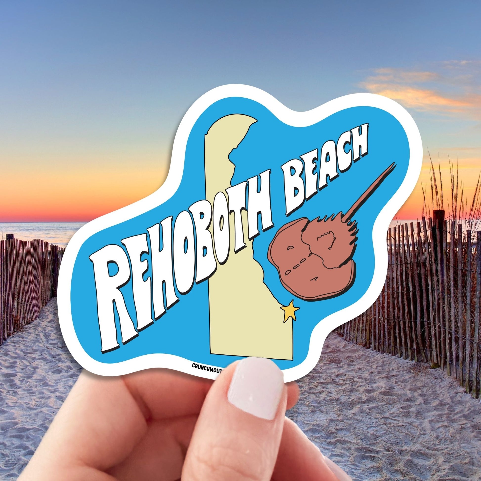 Rehoboth beach travel luggage sticker, hand display, Rehoboth beach background
