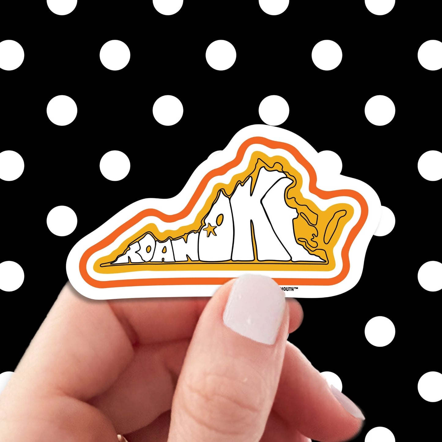 roanoke travel luggage sticker, hand display, polka dots pattern design background

