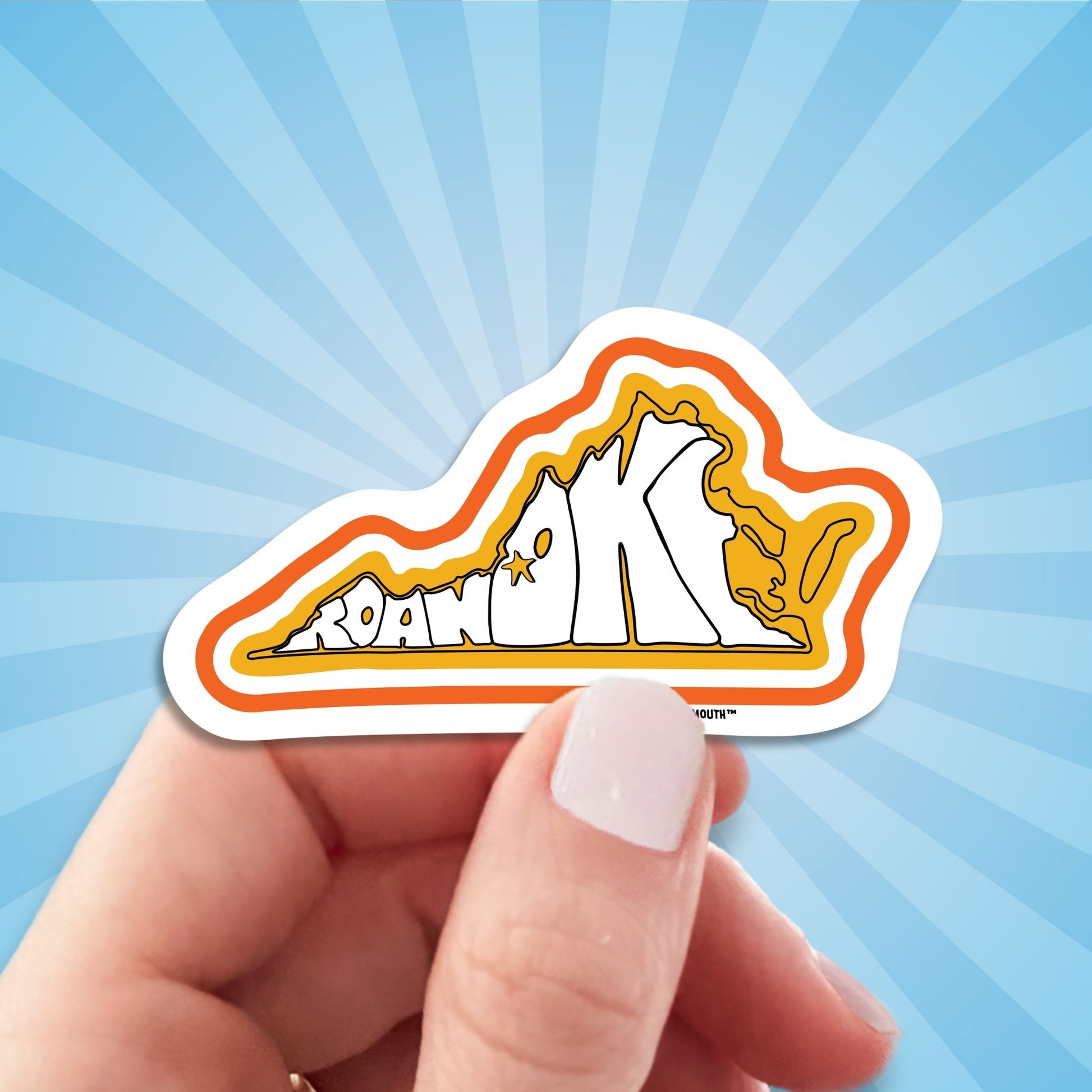roanoke travel luggage sticker, hand display, sun rays design background
