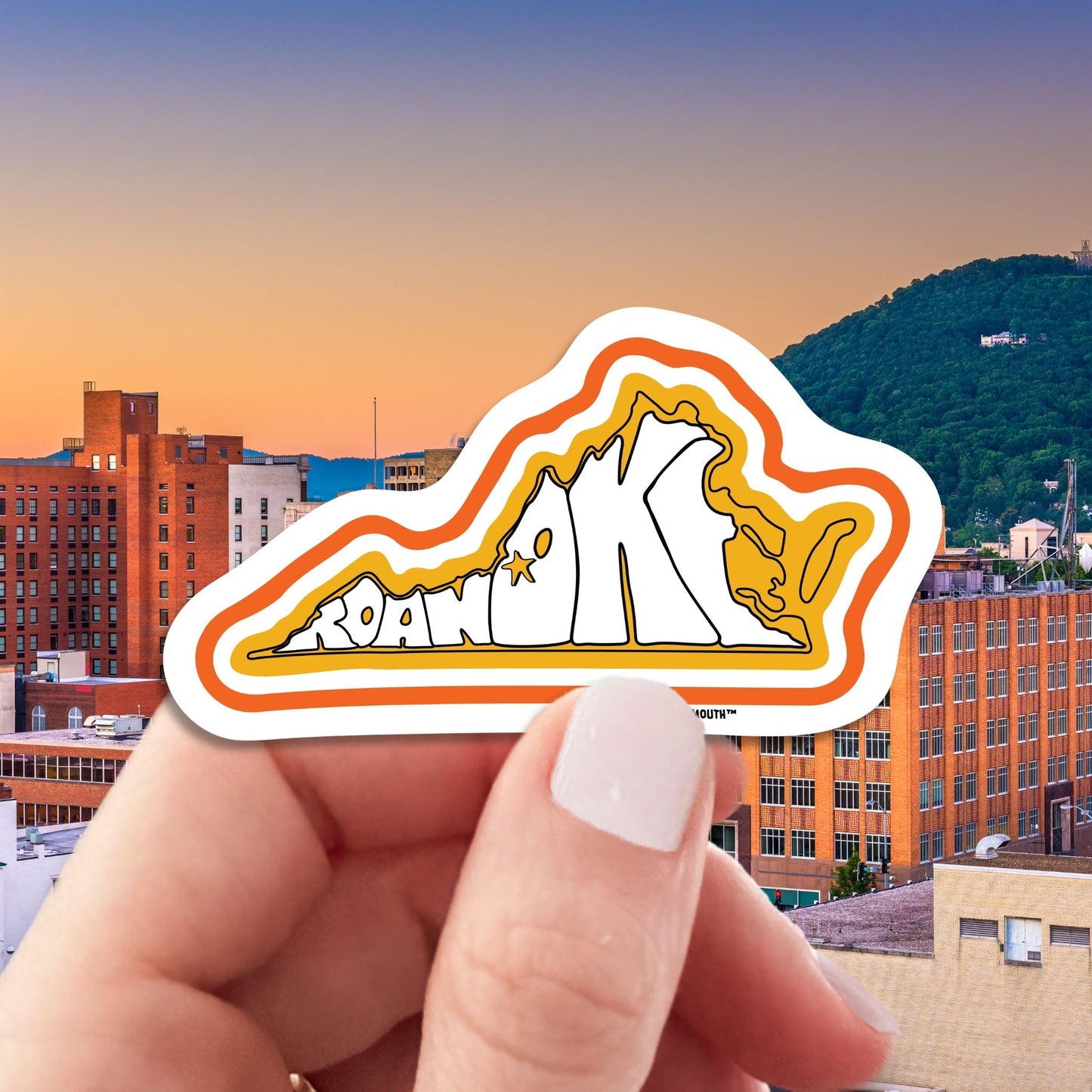 roanoke travel luggage sticker, hand display, roanoke background
